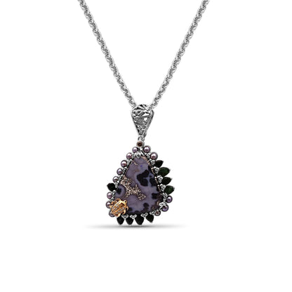One of a Kind Drusy Emerald Small Seeds Silver Pearl and Diamonds 0.11ct Pendant in Sterling Silver with 18K Gold Adam