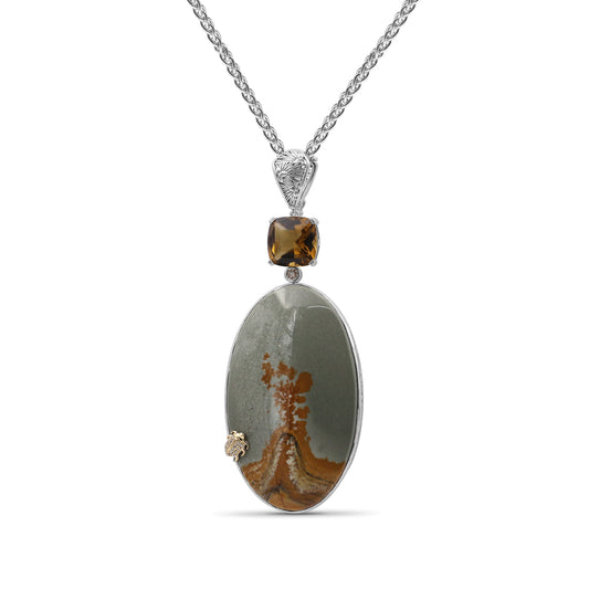One of a Kind Smooth Yellow Green Jasper Facet Cognac Quartz and Diamond 0.17ct Pendant in Sterling Silver with 18K Gold Diamond Pave Adam