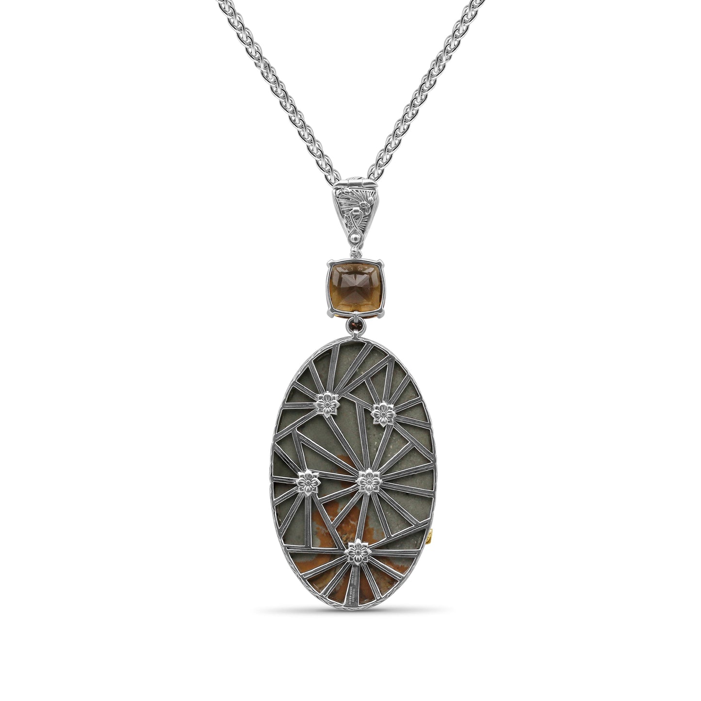 One of a Kind Smooth Yellow Green Jasper Facet Cognac Quartz and Diamond 0.17ct Pendant in Sterling Silver with 18K Gold Diamond Pave Adam