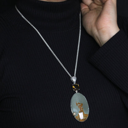 One of a Kind Smooth Yellow Green Jasper Facet Cognac Quartz and Diamond 0.17ct Pendant in Sterling Silver with 18K Gold Diamond Pave Adam