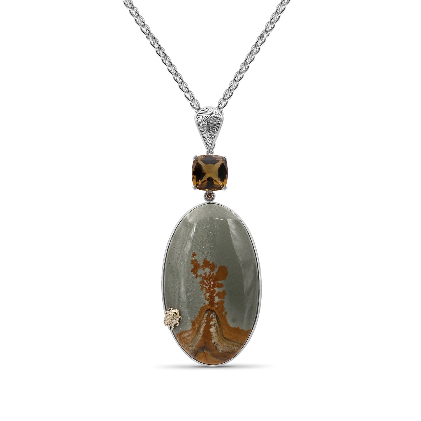 One of a Kind Smooth Yellow Green Jasper Facet Cognac Quartz and Diamond 0.17ct Pendant in Sterling Silver with 18K Gold Diamond Pave Adam