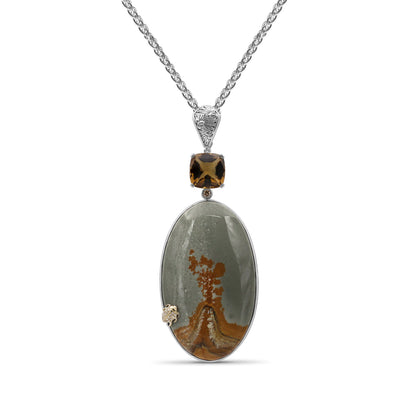 One of a Kind Smooth Yellow Green Jasper Facet Cognac Quartz and Diamond 0.17ct Pendant in Sterling Silver with 18K Gold Diamond Pave Adam