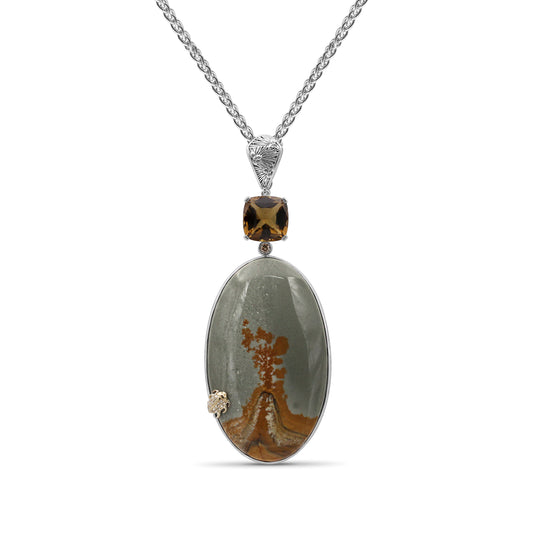 One of a Kind Smooth Yellow Green Jasper Facet Cognac Quartz and Diamond 0.17ct Pendant in Sterling Silver with 18K Gold Diamond Pave Adam