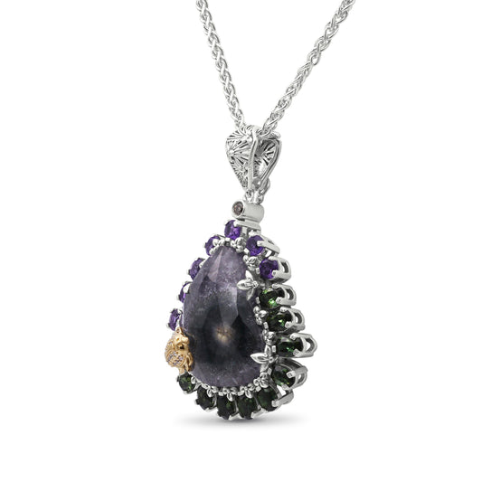 One of a Kind Amethyst Green Tourmaline Natural Quartz Facet Top over Stalactite Slice Doublet and Diamond 0.08ct Pendant in Sterling Silver with 18K Gold Diamond Pave Adam