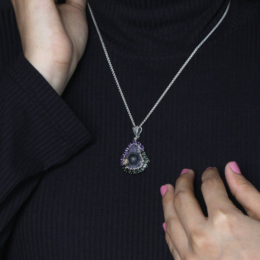 One of a Kind Amethyst Green Tourmaline Natural Quartz Facet Top over Stalactite Slice Doublet and Diamond 0.08ct Pendant in Sterling Silver with 18K Gold Diamond Pave Adam