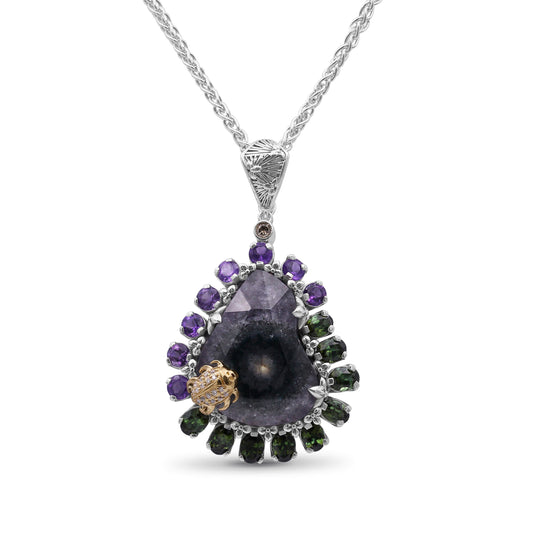 One of a Kind Amethyst Green Tourmaline Natural Quartz Facet Top over Stalactite Slice Doublet and Diamond 0.08ct Pendant in Sterling Silver with 18K Gold Diamond Pave Adam