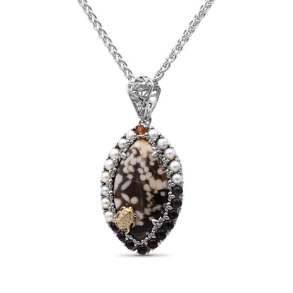 One of a Kind Smooth Peanut Wood Orange Sunstone Smooth Smoky Quartz White Pearl and Diamond 0.11ct Pendant in Sterling Silver with 18K Gold Diamond Pave Adam