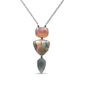 One of a Kind Smooth Sunset Jasper  Facet Top Flat Back Pink Chalcedony Facet Top Natural Quartz Top Over Green Agate and 0.28ct Diamond Pendant in Sterling Silver with 18K Gold Diamond Pave Adam