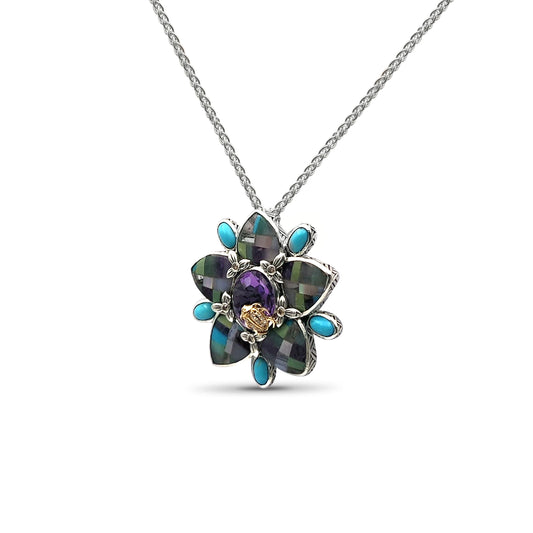 One of a Kind Pastel Color Mosaic Smooth Turquoise Facet Amethyst and Diamonds 0.10ct Pendant-Pin in Sterling Silver with 18K Gold Adam