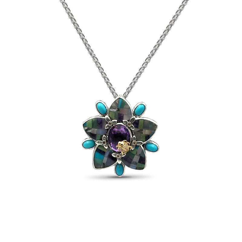 One of a Kind Pastel Color Mosaic Smooth Turquoise Facet Amethyst and Diamonds 0.10ct Pendant-Pin in Sterling Silver with 18K Gold Adam