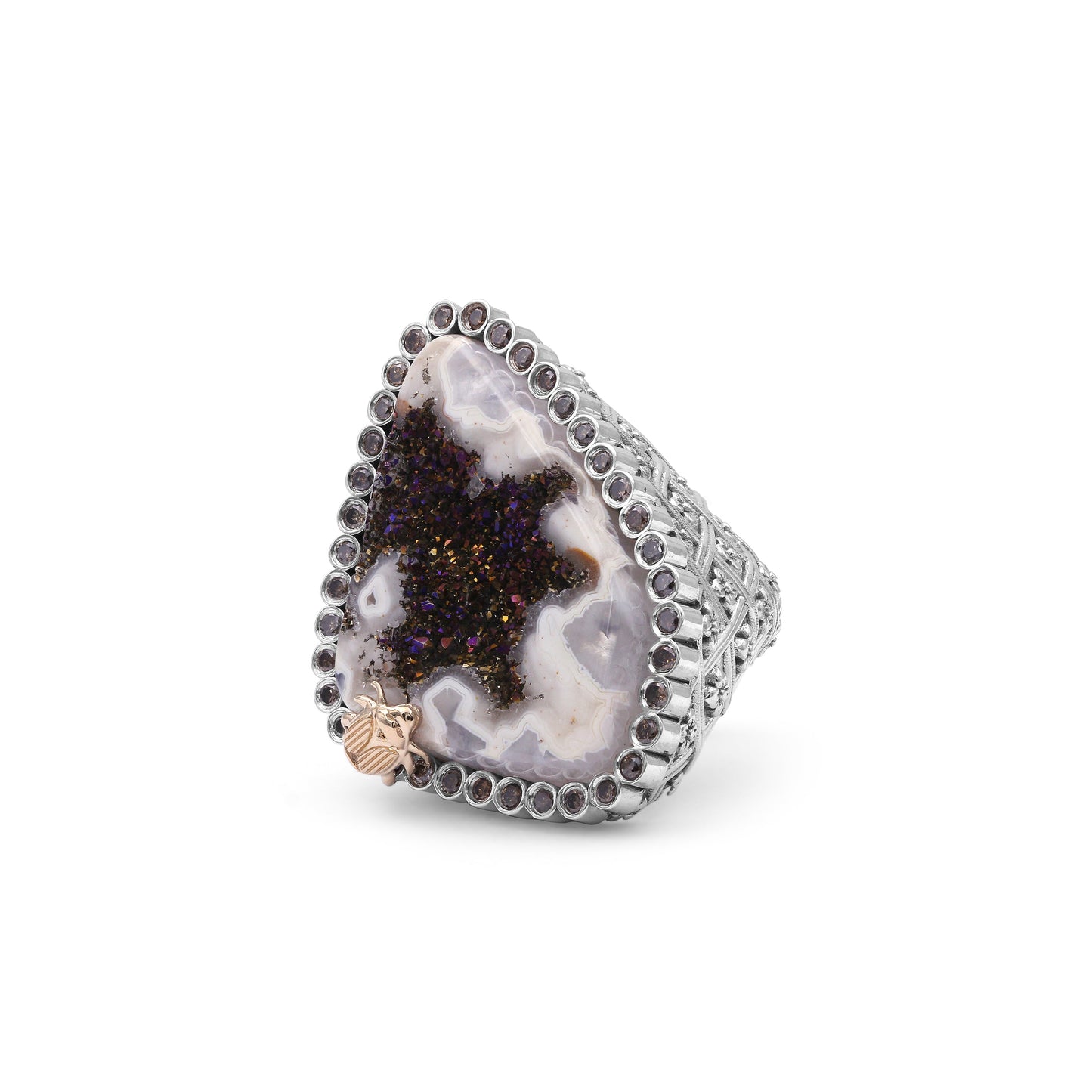 One of a Kind Platinum Valley Druzy 26ct and Champagne Diamond 0.55ct Ring in Sterling Silver with 18K Gold Adam