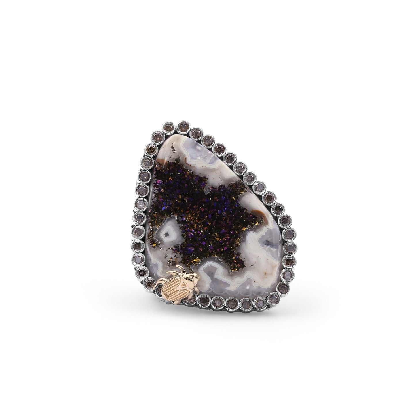 One of a Kind Platinum Valley Druzy 26ct and Champagne Diamond 0.55ct Ring in Sterling Silver with 18K Gold Adam