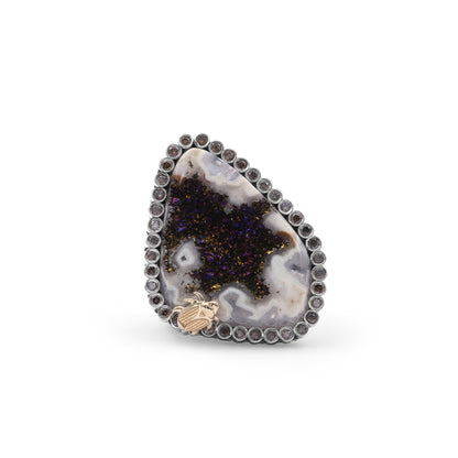 One of a Kind Platinum Valley Druzy 26ct and Champagne Diamond 0.55ct Ring in Sterling Silver with 18K Gold Adam