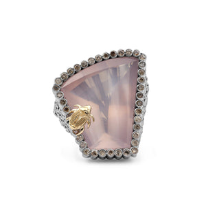 One of a Kind Rose Quartz 25.5ct and Champagne Diamond 0.55ct Ring in Sterling Silver with 18K Gold Adam