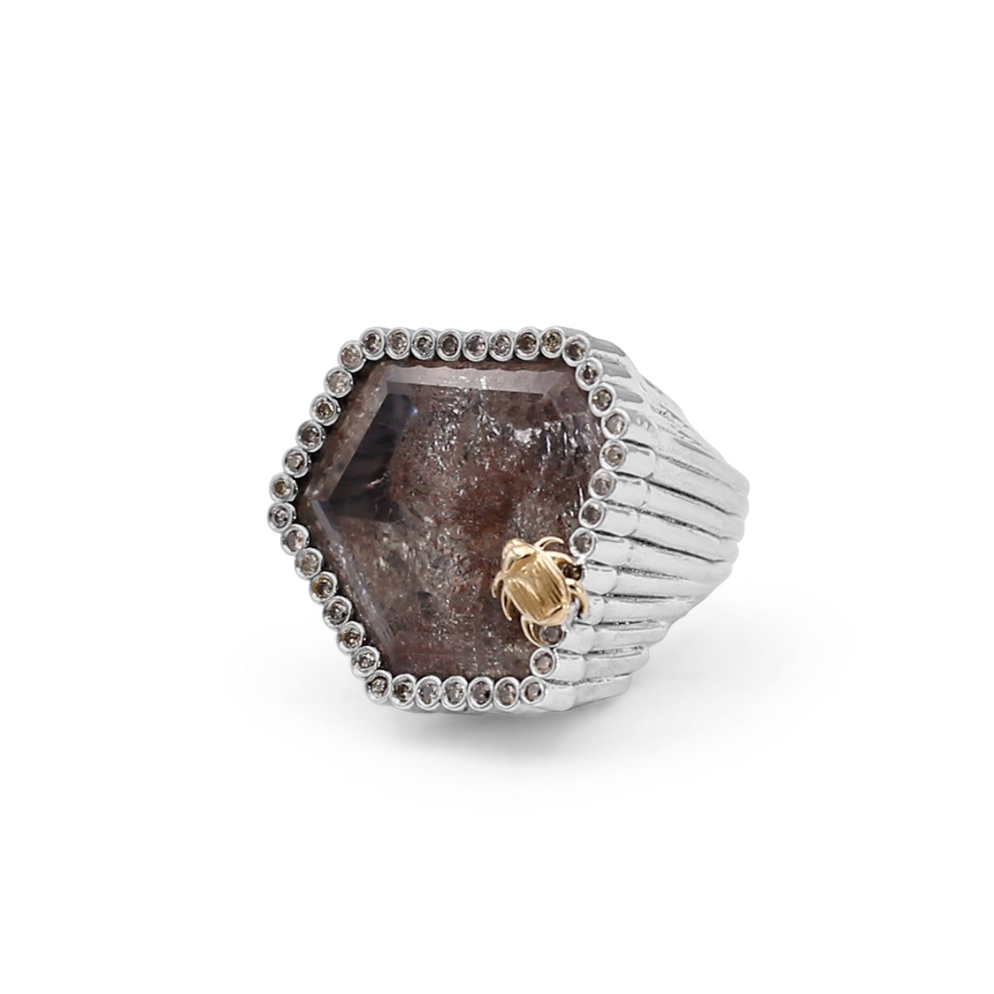 One of a Kind Moss Agate 48.5ct and Champagne Diamond 0.40ct Ring in Sterling Silver with 18K Gold Adam