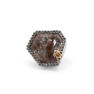 One of a Kind Moss Agate 48.5ct and Champagne Diamond 0.40ct Ring in Sterling Silver with 18K Gold Adam