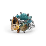 One of a Kind Yellow Citrine Smooth Turquoise Hand Carved Turquoise Aqua Chalcedony Facet Rutilated Quartz Over Turquoise and Diamond 0.25ct Ring in Sterling Silver with 18K Gold Diamond Pave Adam