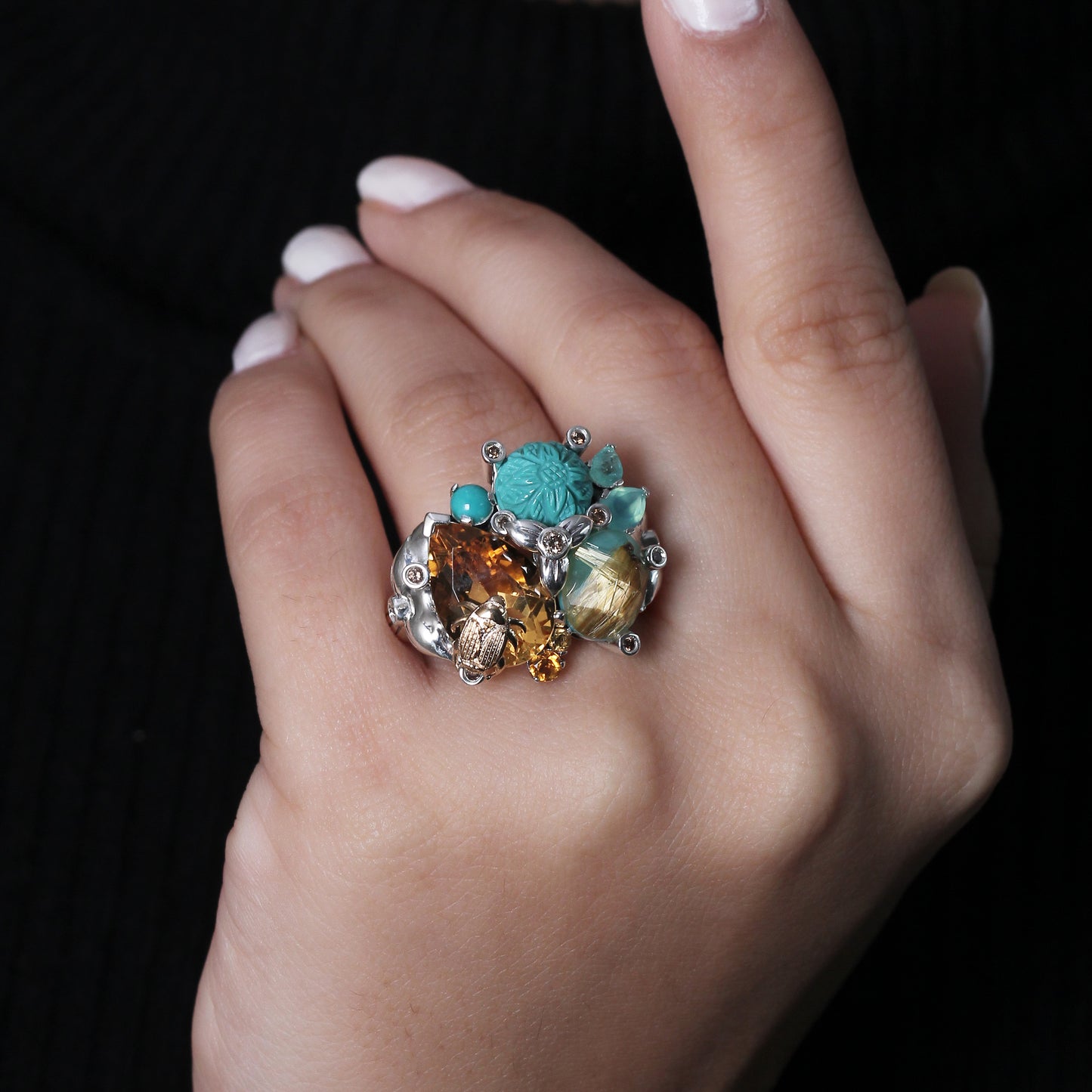 One of a Kind Yellow Citrine Smooth Turquoise Hand Carved Turquoise Aqua Chalcedony Facet Rutilated Quartz Over Turquoise and Diamond 0.25ct Ring in Sterling Silver with 18K Gold Diamond Pave Adam