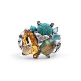 One of a Kind Yellow Citrine Smooth Turquoise Hand Carved Turquoise Aqua Chalcedony Facet Rutilated Quartz Over Turquoise and Diamond 0.25ct Ring in Sterling Silver with 18K Gold Diamond Pave Adam