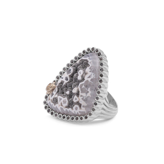 One of a Kind Platinum Valley Drusy and Champagne Diamond 0.55ct Ring in Sterling Silver with 18K Gold Adam