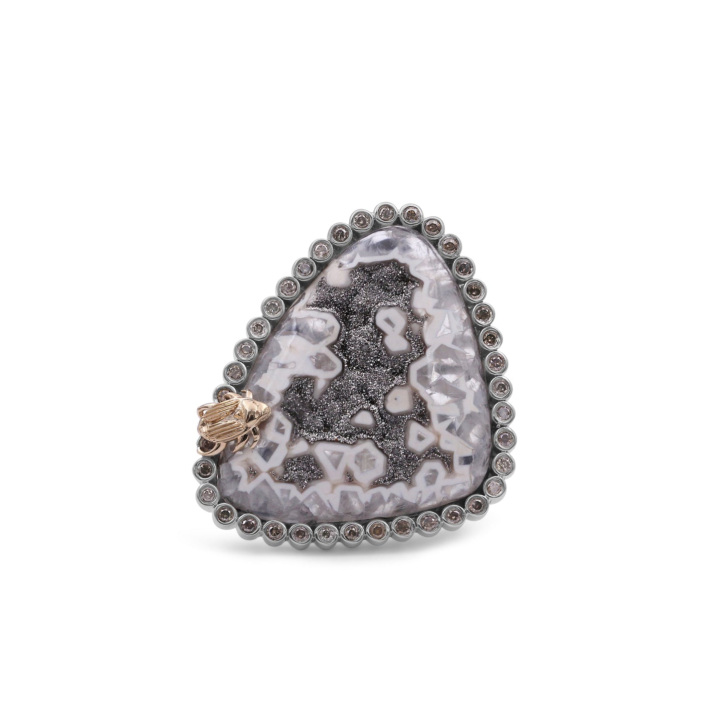 One of a Kind Platinum Valley Drusy and Champagne Diamond 0.55ct Ring in Sterling Silver with 18K Gold Adam