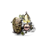 One of a Kind Olive Quartz Peridot Taupe Pearl Facet Olive Quartz Smooth Olive Turquoise and Diamond 0.31ct Ring in Sterling Silver with 18K Gold Diamond Pave Adam