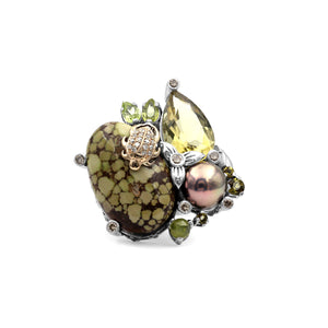One of a Kind Olive Quartz Peridot Taupe Pearl Facet Olive Quartz Smooth Olive Turquoise and Diamond 0.31ct Ring in Sterling Silver with 18K Gold Diamond Pave Adam