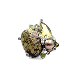 One of a Kind Olive Quartz Peridot Taupe Pearl Facet Olive Quartz Smooth Olive Turquoise and Diamond 0.31ct Ring in Sterling Silver with 18K Gold Diamond Pave Adam