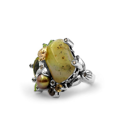 One of a Kind Peridot Lemon Quartz Smooth Natural Chalcedony Cognac Quartz Brown Pearl and Diamond 0.24ct Ring in Sterling Silver with 18K Gold Diamond Pave Adam