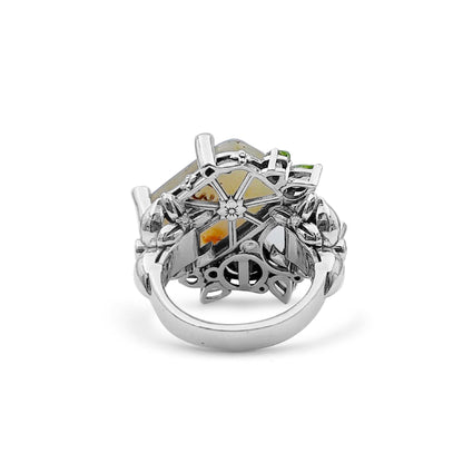One of a Kind Peridot Lemon Quartz Smooth Natural Chalcedony Cognac Quartz Brown Pearl and Diamond 0.24ct Ring in Sterling Silver with 18K Gold Diamond Pave Adam