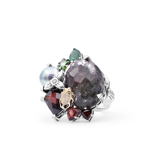 One of a Kind Orissa Garnet Green Tourmaline Green Pearl Emerald Facet Garnet Facet Flat back Red Moss Quartz  and Diamond 0.17ct Ring in Sterling Silver with 18K Gold Diamond Pave Adam