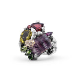 One of a Kind Facet Flurite Facet Olive Quartz Rhodolite Garnet Chrome Diopside Peridot Orissa Garnet and Diamond 0.15ct Ring in Sterling Silver with 18K Gold Diamond Pave Adam