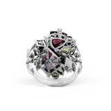 One of a Kind Facet Flurite Facet Olive Quartz Rhodolite Garnet Chrome Diopside Peridot Orissa Garnet and Diamond 0.15ct Ring in Sterling Silver with 18K Gold Diamond Pave Adam