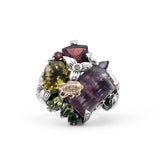 One of a Kind Facet Flurite Facet Olive Quartz Rhodolite Garnet Chrome Diopside Peridot Orissa Garnet and Diamond 0.15ct Ring in Sterling Silver with 18K Gold Diamond Pave Adam