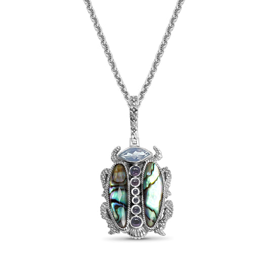 Garden of Stephen Lavender Moon Quartz Rhodolite Garnet Natural Quartz and Abalone Scarab Pendant in Sterling Silver