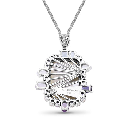 Carventurous Hand Carved Mother of Pearl Lavender Moon Quartz Amethyst Iolite Blue and White Topaz Pendant in Sterling Silver