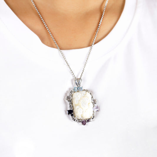 Carventurous Hand Carved Mother of Pearl Lavender Moon Quartz Amethyst Iolite Blue and White Topaz Pendant in Sterling Silver