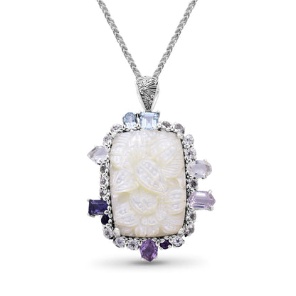 Carventurous Hand Carved Mother of Pearl Lavender Moon Quartz Amethyst Iolite Blue and White Topaz Pendant in Sterling Silver