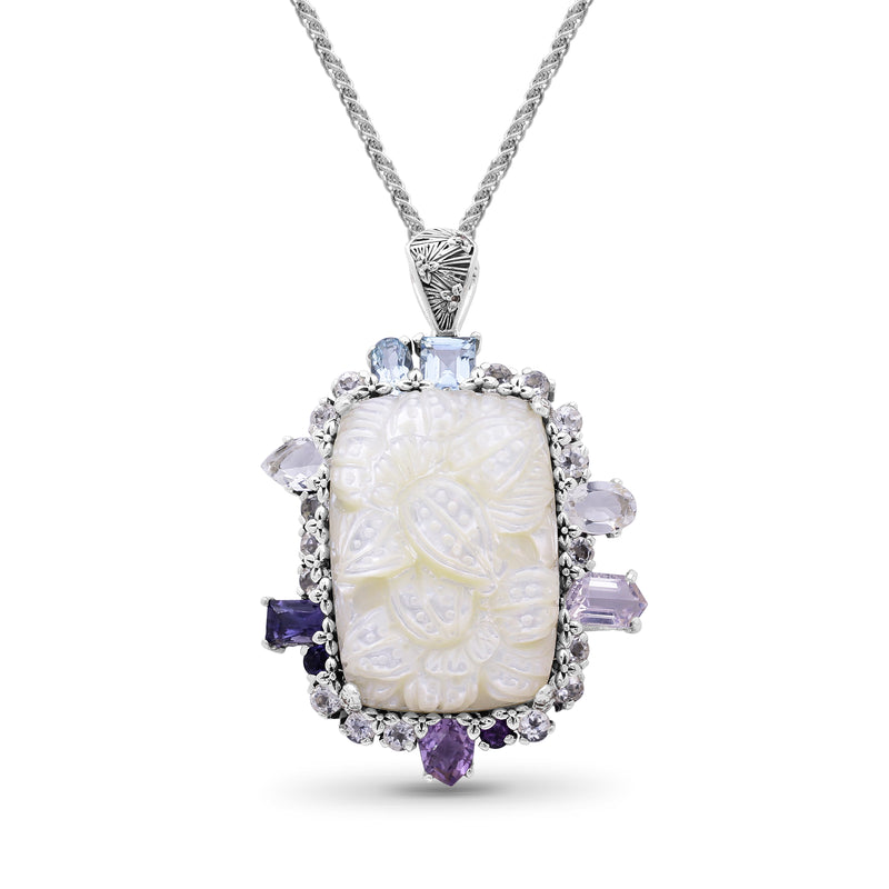 Carventurous Hand Carved Mother of Pearl Lavender Moon Quartz Amethyst Iolite Blue and White Topaz Pendant in Sterling Silver