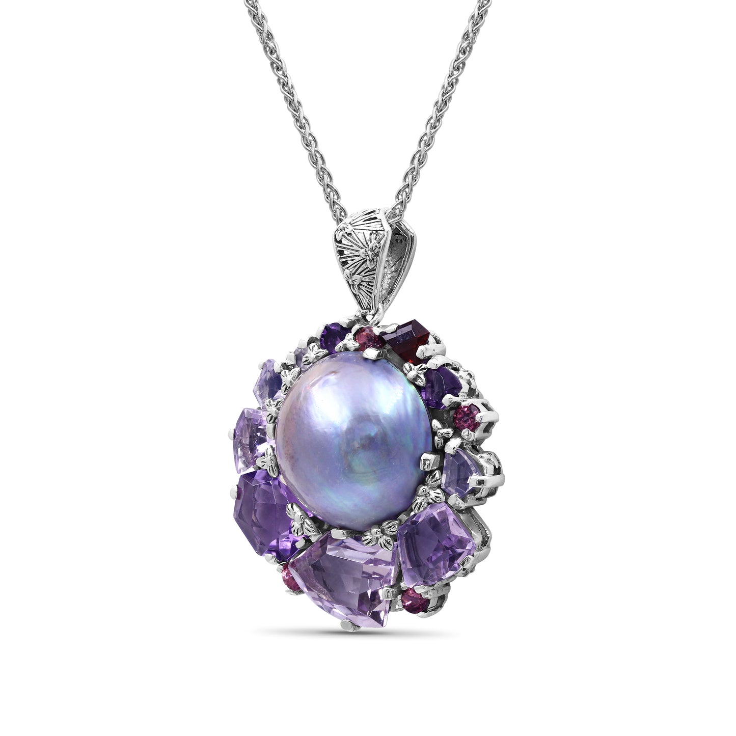Rockrageous Amethyst Rhodolite Garnet Pink Tourmaline Lavender Moon Quartz and Mabe Pearl Pendant in Sterling Silver