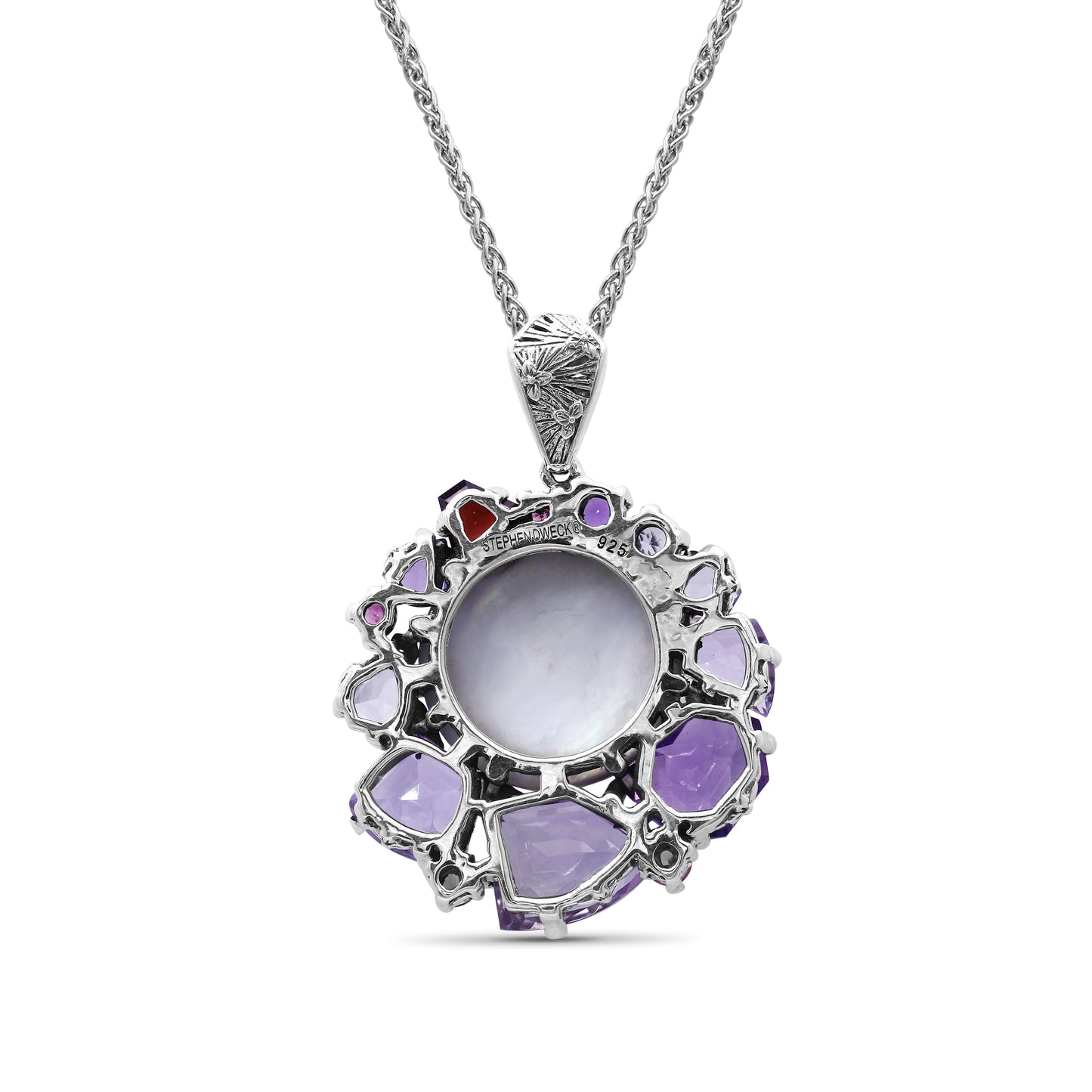Rockrageous Amethyst Rhodolite Garnet Pink Tourmaline Lavender Moon Quartz and Mabe Pearl Pendant in Sterling Silver