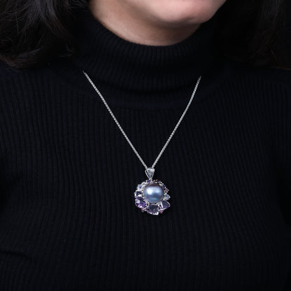 Rockrageous Amethyst Rhodolite Garnet Pink Tourmaline Lavender Moon Quartz and Mabe Pearl Pendant in Sterling Silver