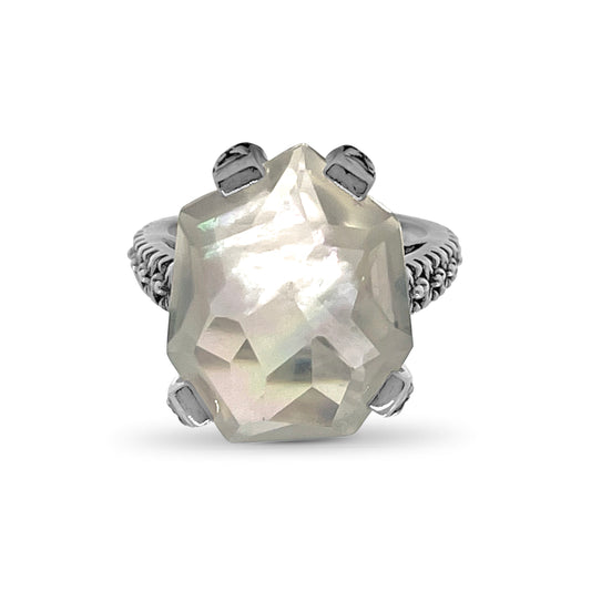 Galactical Crystal Quartz and Mother of Pearl Freeform Solitaire Ring in Sterling Silver