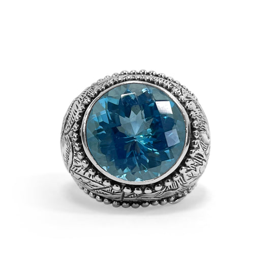 Garden of Stephen Blue Topaz Ring in Engraved Sterling Silver