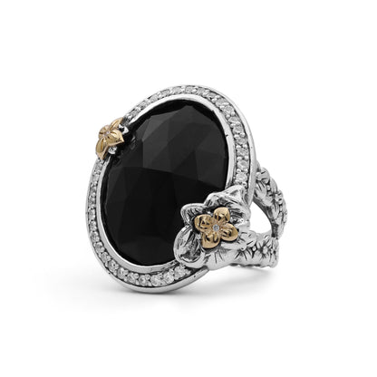 Garden of Stephen Faceted Black Onyx Ring in Sterling Silver with 18K Gold Flowers and Diamond