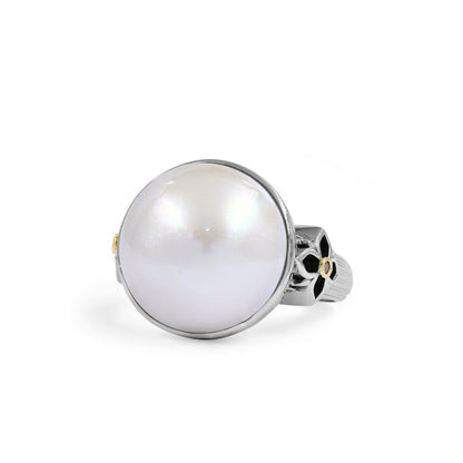 Pearlicious 14.00MM White Mabe Ring in Sterling Silver with 18K Gold