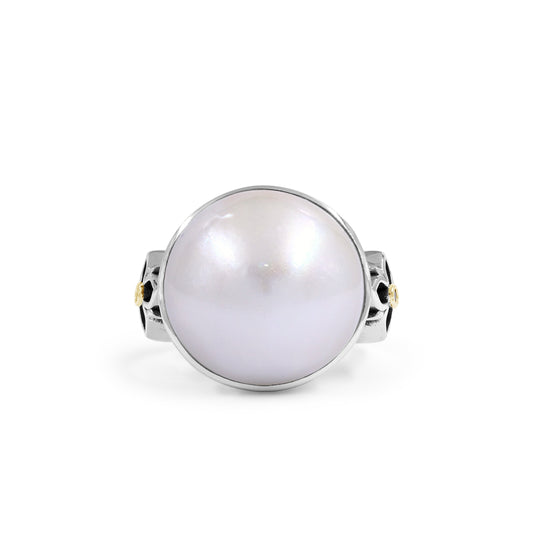 Pearlicious 14.00MM White Mabe Ring in Sterling Silver with 18K Gold