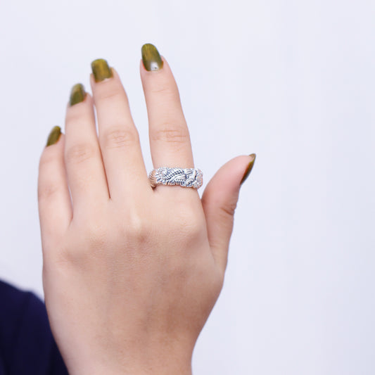 Kyoto Flower Engraved Ring in Sterling Silver