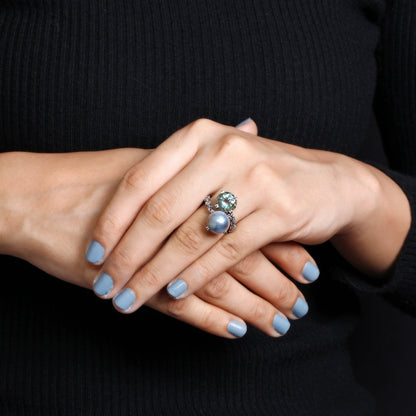 Terraquatic Pearl and Faceted Green Prasiolite Ring in Sterling Silver