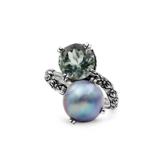 Terraquatic Pearl and Faceted Green Prasiolite Ring in Sterling Silver